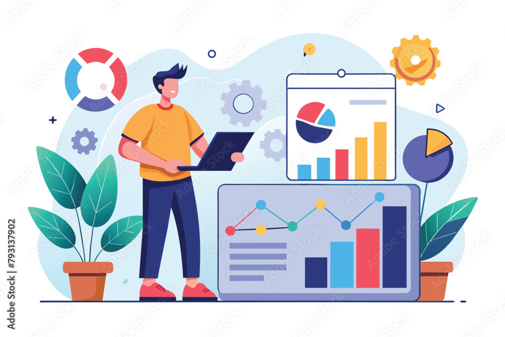 Poster a man stands in front of a tablet displaying a financial chart for data analysis, data analysis and 