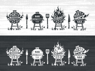 BBQ Time Vector Set. Grill Barbecue Party. Portable Charcoal Grills with Fire Flame. Grill Tools. Barbecue Fork, Spatula, Knife. Black and white Vector illustration.
