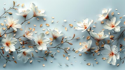  A multitude of white blossoms against a gentle light blue backdrop; some petals delicately detach from the upper portions - obrazy, fototapety, plakaty