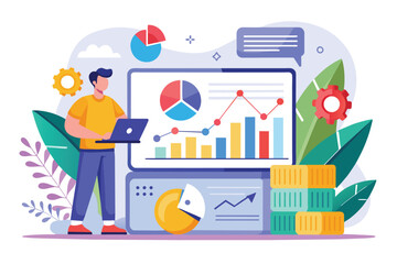 Man Analyzing Business Financial Reports on Large Graph Screen, Data analysis and business financial report trending, Simple and minimalist flat Vector Illustration