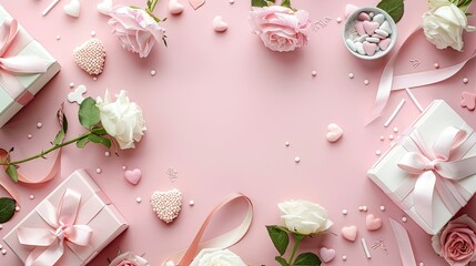 Capture the essence of Mother s Day celebrations with a stunning display a top down shot showcasing chic gift boxes adorned with delicate ribbon bows white and pink roses petite hearts and 