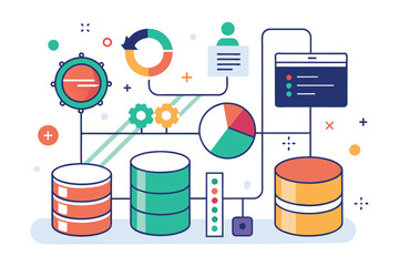 Different types of data represented in a visual form, showing trends, patterns, and relationships, data analysis and database management, Simple and minimalist flat Vector Illustration
