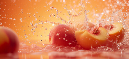 Fresh peach splashing in water with droplets flying around, vibrant colors. stock photo of water splash with sliced peach Food Photography. 