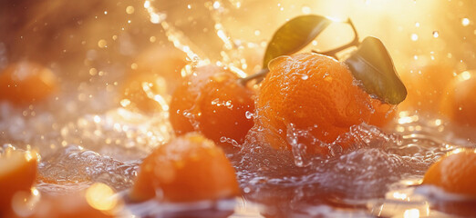 Fresh orange splashing in water with droplets flying around, vibrant colors. stock photo of water splash with sliced orange Food Photography. 