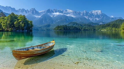 Obraz premium An empty rowboat sits on the shore of a lake with a mountainous backdrop.