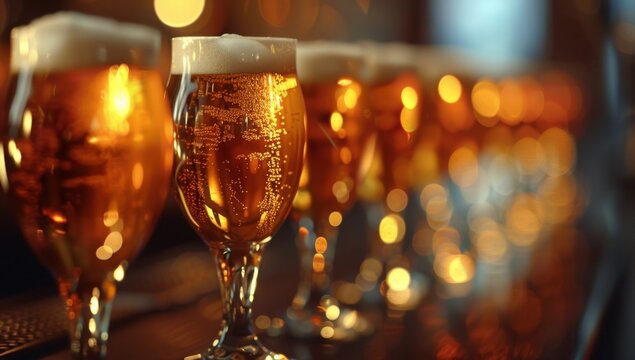 A row of beer glasses filled with golden amber liquid, their surfaces glistening under the warm glow from above Generative AI