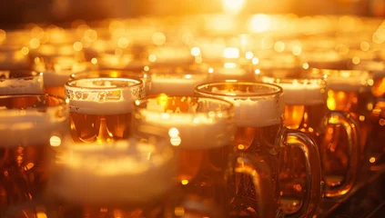 Fotobehang close up of many beer glasses, golden light, warm light Generative AI © SKIMP Art