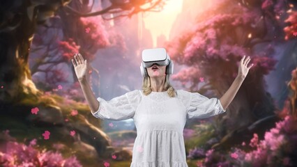 Excited smiling fantastic world woman looking around by VR in fairytale forest wonderland in pink...