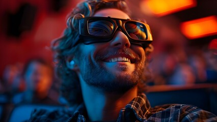 Man wearing D glasses with a smile while enjoying a comedy movie in a theater. Concept Comedy Movie, 3D Glasses, Happy Expression, Movie Theater, Entertainment