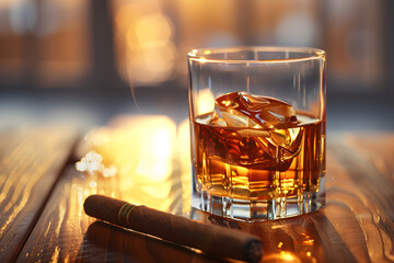 Whiskey glass and cigar on wooden table, creating a sophisticated and cozy atmosphere for relaxation