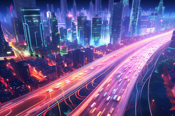 Vibrant night scene of a bustling, futuristic city with light trails from traffic - obrazy, fototapety, plakaty