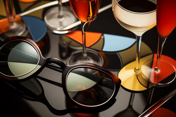 Stylish sunglasses on a reflective surface with colorful cocktail glasses behind - obrazy, fototapety, plakaty