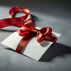 
a blank white gift card tied with a luxurious red ribbon bow, elegantly displayed against a sleek grey backdrop with minimalistic shadow effects.