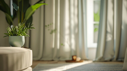 full curtains in an apartment light-colored room with subtle pops of color depth of field background. Earth-natural colors subtle pops of color high-contrasting feminine natural materials home design