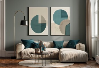 Modern living room with elegant decor and geometric art posters