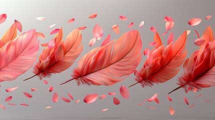   Pink feathers with attached petals fly through the air, shedding detached petals below - obrazy, fototapety, plakaty