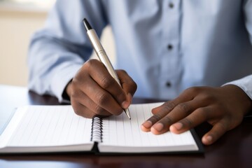 Man writes on empty notebook page with pen sitting at table in room closeup. Student hands with writing tool on blank organizer at wooden desk. Marking notes about creative ideas concept