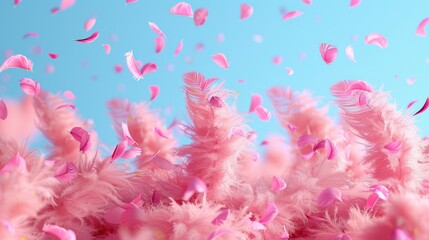   A photo of pink feathers fluttering in the air against a blue sky background