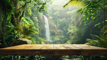 There is a wooden table in front of a jungle scene with green plants and a waterfall.