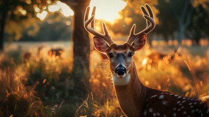 majestic deer with impressive antlers standing under natural light, looking at the camera, wildlife...
