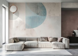 Modern minimalist living room with abstract pastel-colored mural and stylish sectional sofa