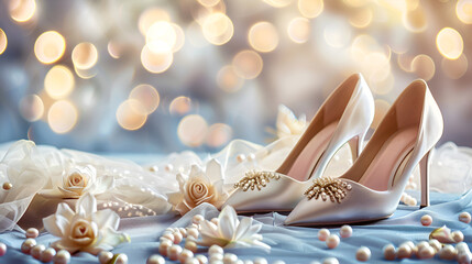 Bridal shoes with flowers and pearls on a festive wedding background