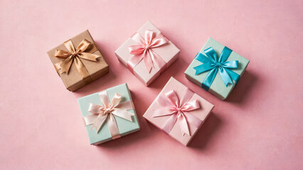Gifts on pastel pink background. Four small color square 3D paper boxes tied with satin ribbons. Pleasant surprise. Flat lay holiday background. Birthday or christmas present. Copy space. - obrazy, fototapety, plakaty