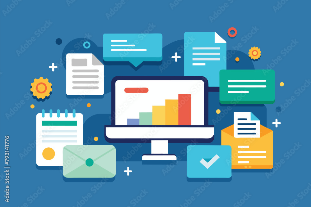 Poster computer screen displaying various icons surrounded by folders and devices, data input activities wi