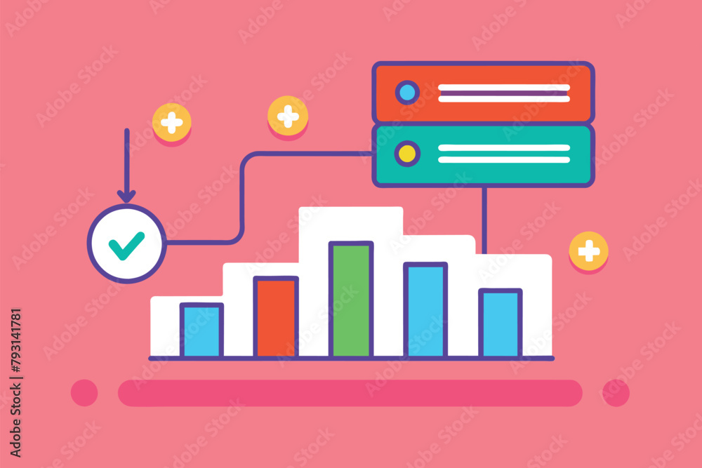 Poster A bar chart displaying data with a prominent check mark symbol on one of the bars, Data input activity vector, Simple and minimalist flat Vector Illustration