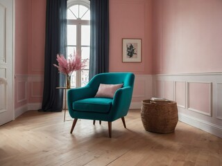 Teal Armchair with Pink Plant in Radiant Room with Beige Wall and Birch Parquet Flooring