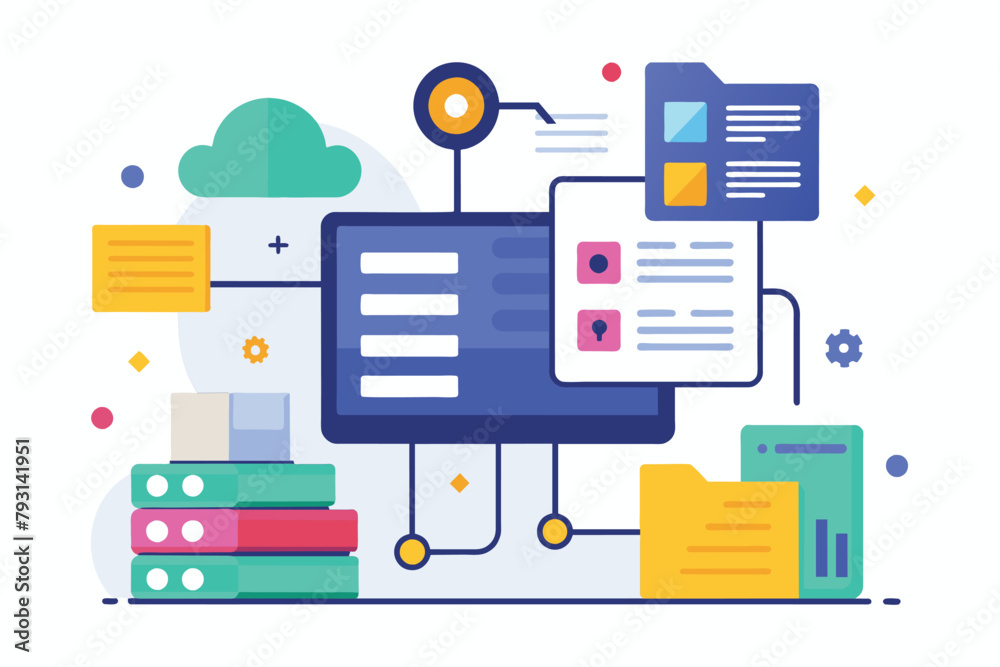 Poster a computer covered in multiple colorful folders, illustrating data management in a simple and minima