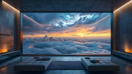 Futuristic conference room with a panoramic city view through dark clouds. Concept Futuristic design, Conference room, Panoramic city view, Dark clouds