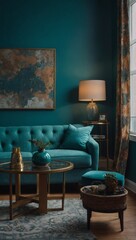 Teal Room Interior, Cozy Living Room Setup, Teal-Colored Wall