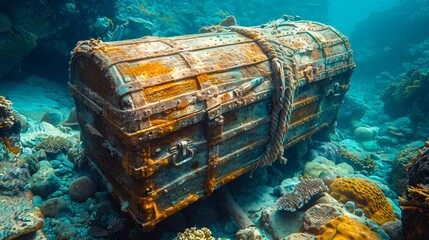 An old wooden treasure chest sits on the ocean floor among colorful coral reefs.