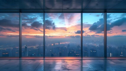 Futuristic conference room with large screen window overlooking city through dark clouds. Concept Futuristic Design, Conference Room, Large Screen Window, City View, Dark Clouds