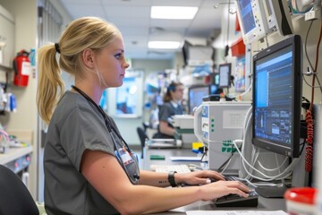 Professional Female Nurse Working at Hospital Computer Station