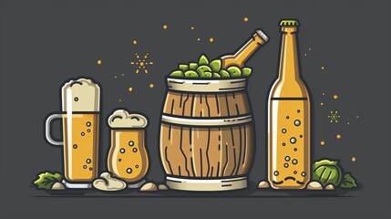 Craft Beer Assortment With Wooden Barrel, Bottles, and Full Glasses - obrazy, fototapety, plakaty