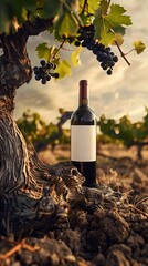 A bottle of wine with an unbranded label on an old grape vine, with a sturdy trunk, a clear sky and...