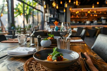 Elegant Dining Experience at Modern Restaurant with Gourmet Dish and Table Setting
