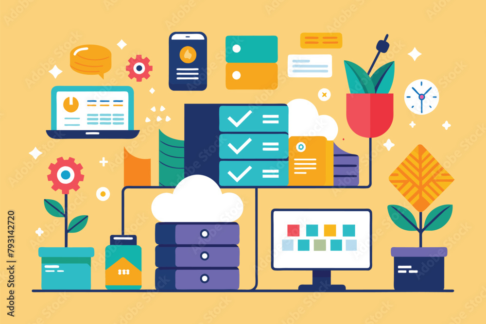Poster a computer with a variety of different objects scattered around it, data storage icon set, simple an