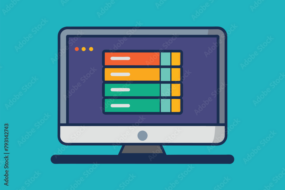 Poster a computer monitor displaying information with a flat screen on top of it, data storage or storage i