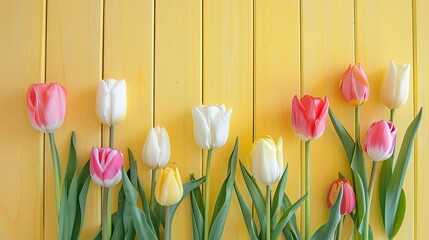 Naklejka premium Celebrate Mother s Day with a charming display of tulips blooming against a soft pastel yellow wooden backdrop
