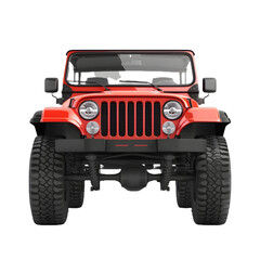 Bright red off-road jeep isolated on white background, png, front view of a rugged vehicle.