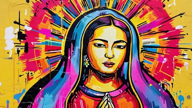 Abstract reimagining of Our Lady of Guadalupe with bold lines, vibrant street art colors, and urban elements like spray paint drips, 4k animation video