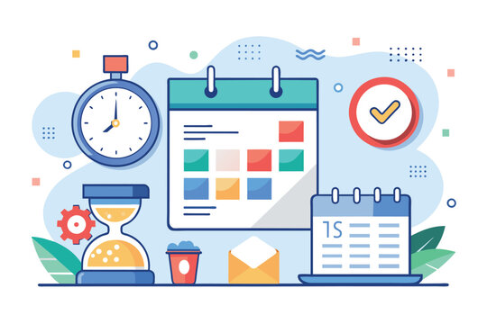 Desk With Clock and Calendar, deadline management work deadlines tasks due dates, Simple and minimalist flat Vector Illustration