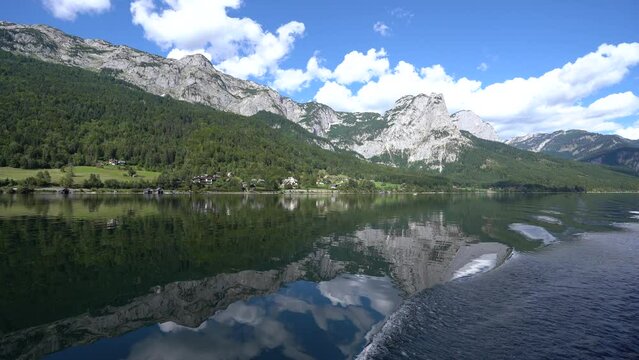 Great view of village above Grundlsee lake. Location place Austrian alps, Steiermark, Europe.