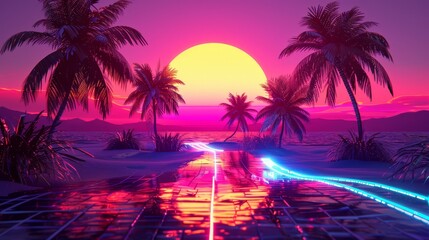 Retro futuristic sci-fi illustration infused with nostalgic 90s vibes. Features neon colors of night and sunset, depicting a cyberpunk vintage scene with sun, mountains, and palms.