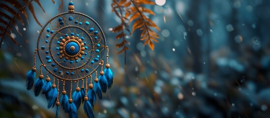dreamcatcher decoration with blue beads is hanging outside in the rain in the autumn forest. 