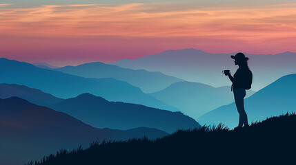 
silhueta de mulher viajante com uma xícara de café no topo da montanha