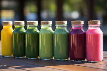 row of colorful smoothies in glass bottles sit on a wooden table